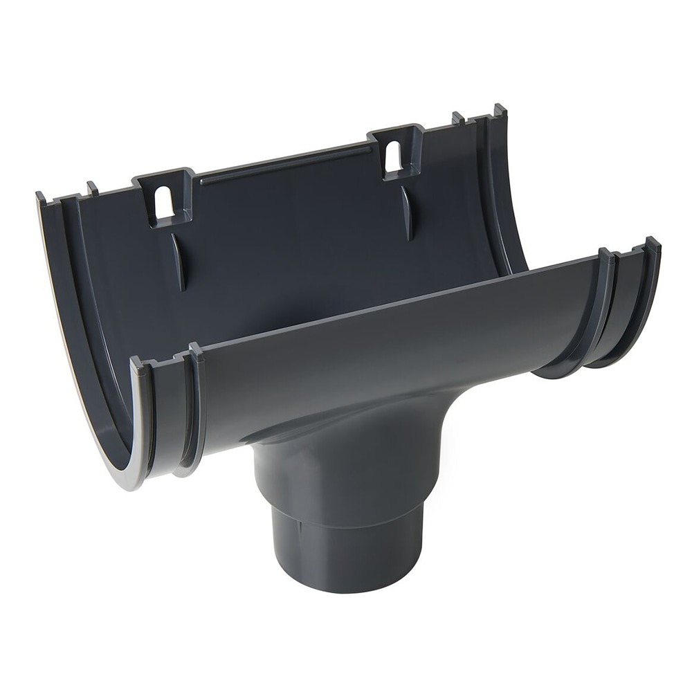 Anthracite Grey 114mm Deep Gutter to 68mm Round Downpipe Running Outlet