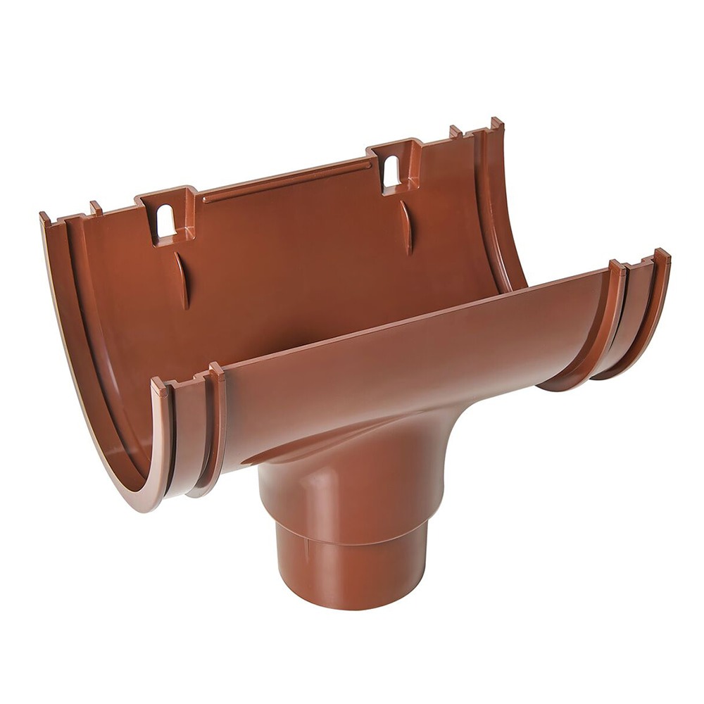 Brown 114mm Deep Gutter to 68mm Round Downpipe Running Outlet
