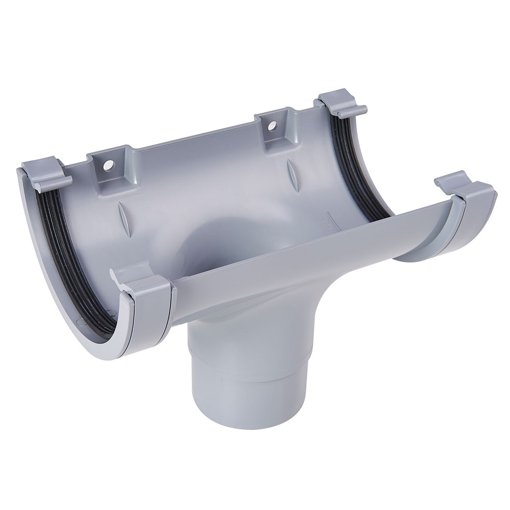 Grey 112mm Half Round Gutter to 68mm Round Downpipe Running Outlet