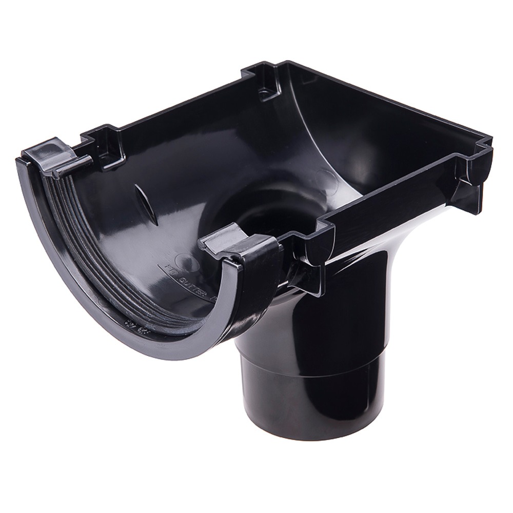 Black 112mm Half Round Gutter to 68mm Round Downpipe Stopend Outlet (Kayflow)